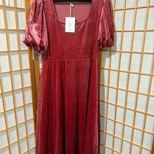 Polagram Burgundy Velvet Midi Dress with Puff Sleeves